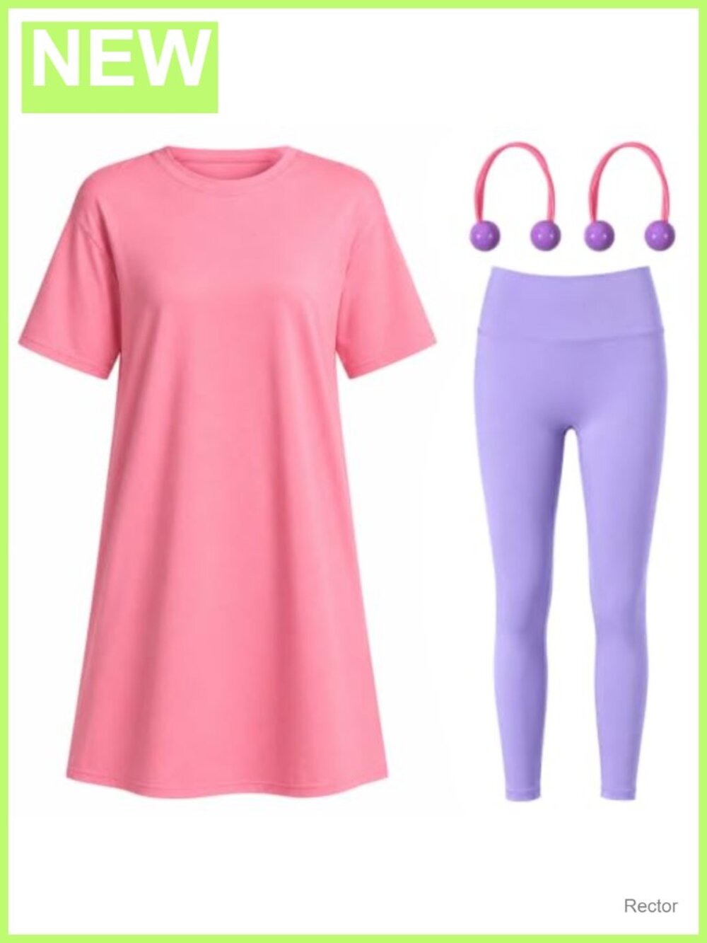 Halloween Adult Costume Set Pink T-Shirt Dress Tights Hair Ties Cosplay